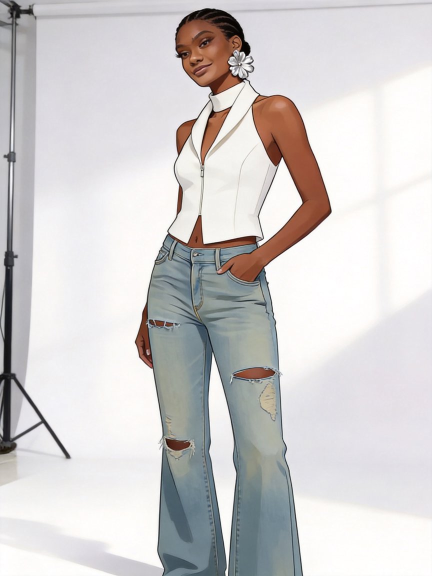 white zip top + ripped flares = easy cool